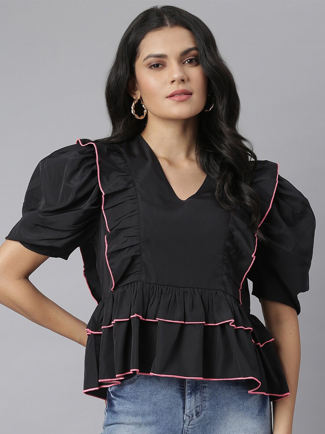 

KASSUALLY Women Black & Pink Puff Sleeve Ruffles Crepe Peplum Top