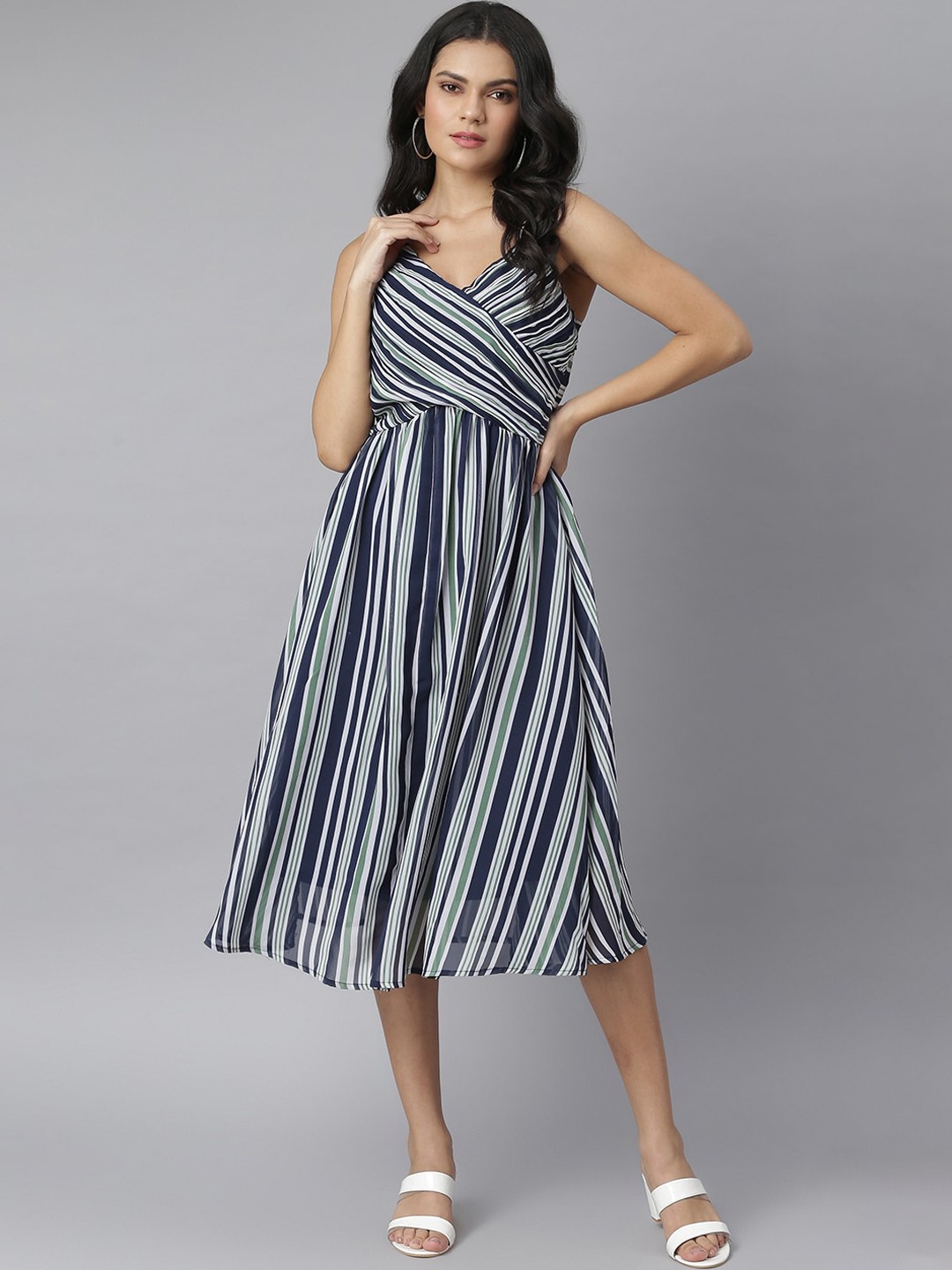 

KASSUALLY Women Blue & White Striped Georgette Empire Midi Dress