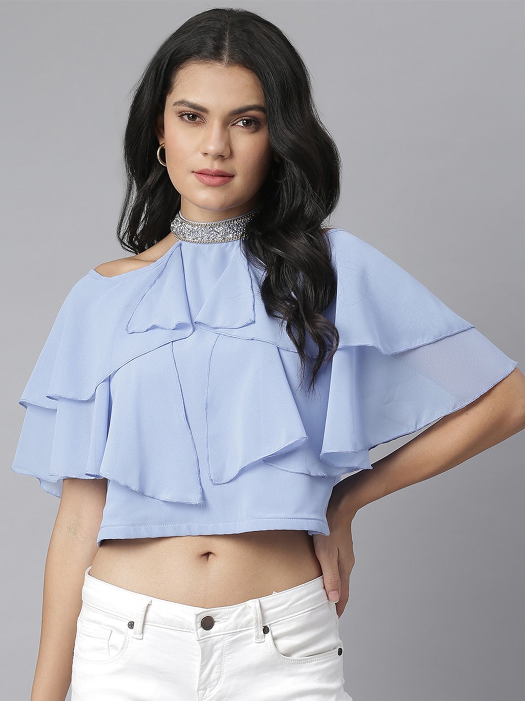 

KASSUALLY Blue & Silver-Toned Embellished Choker Neck Ruffles Georgette Crop Top