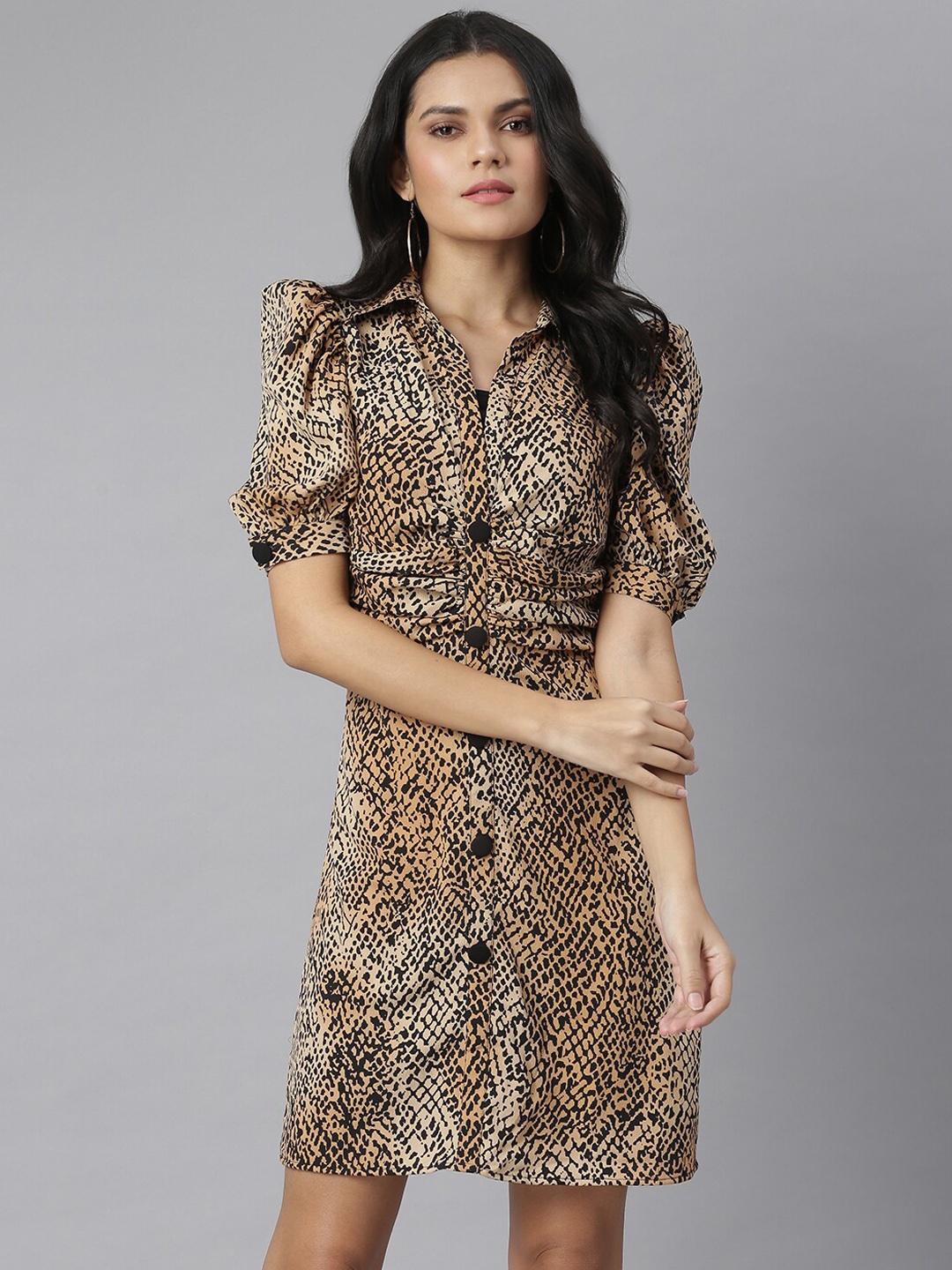 

KASSUALLY Women Beige & Brown Animal Printed Crepe Shirt Dress