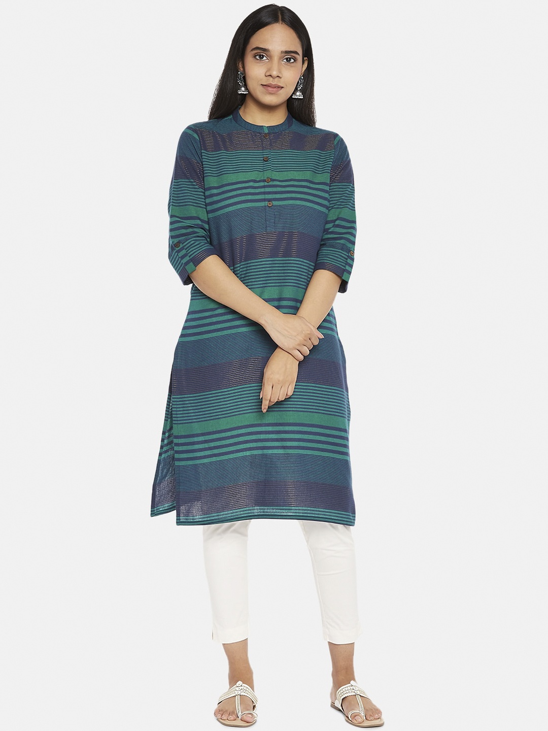 

RANGMANCH BY PANTALOONS Women Teal Green & Purple Striped Kurta