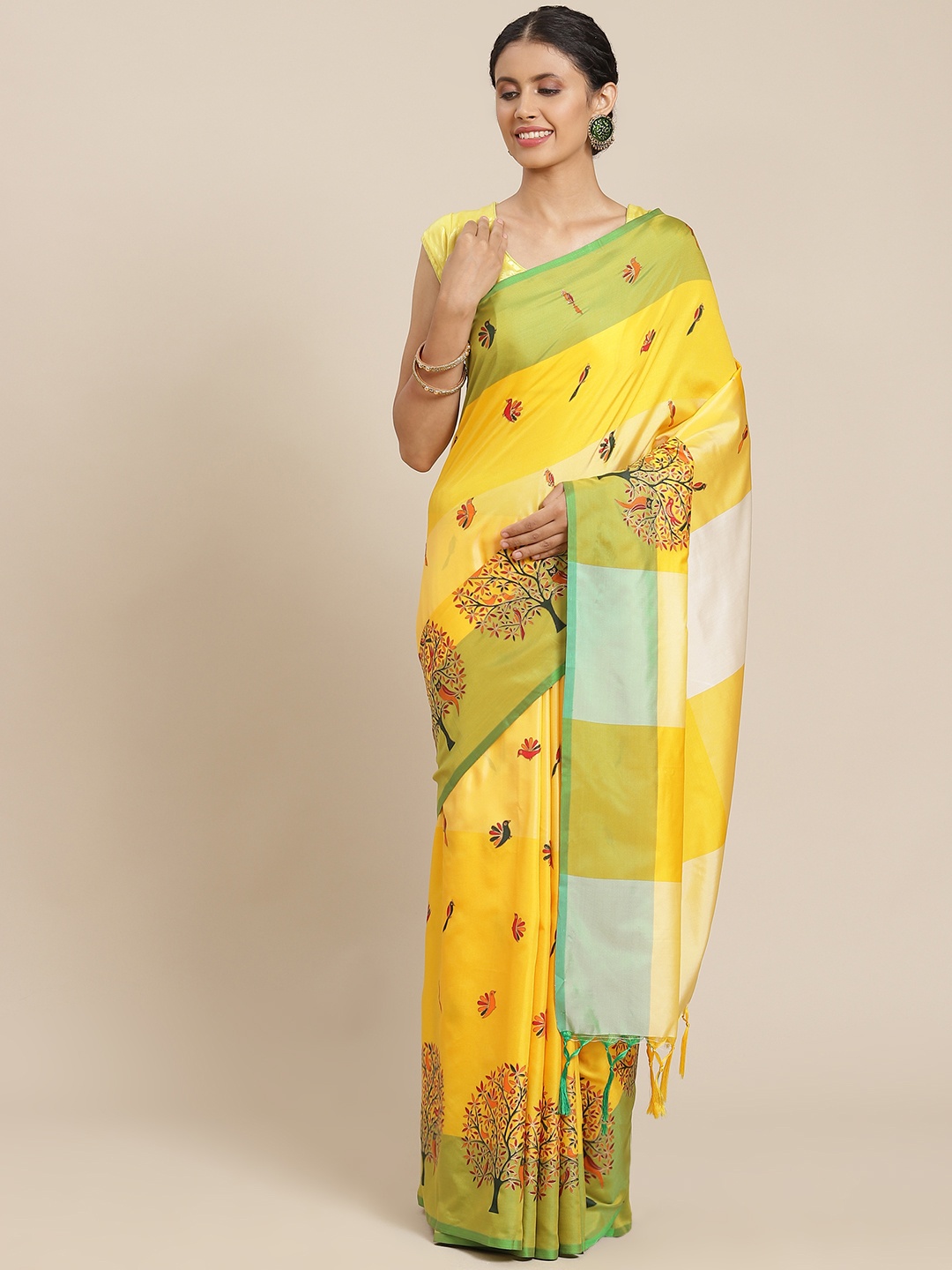 

OM SAI LATEST CREATION Yellow & Green Ethnic Motifs Printed Saree