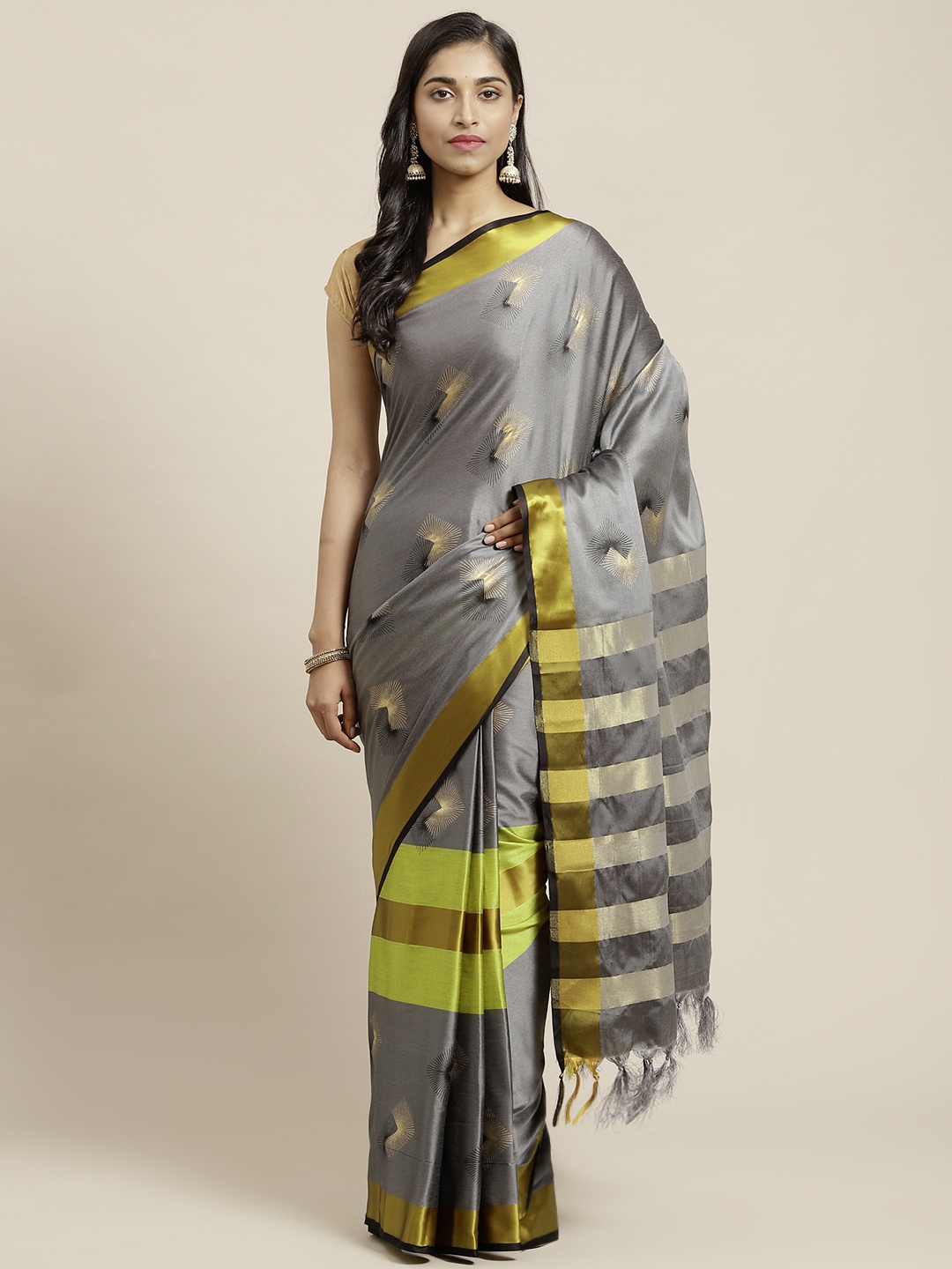 

OM SAI LATEST CREATION Grey & Yellow Printed Saree