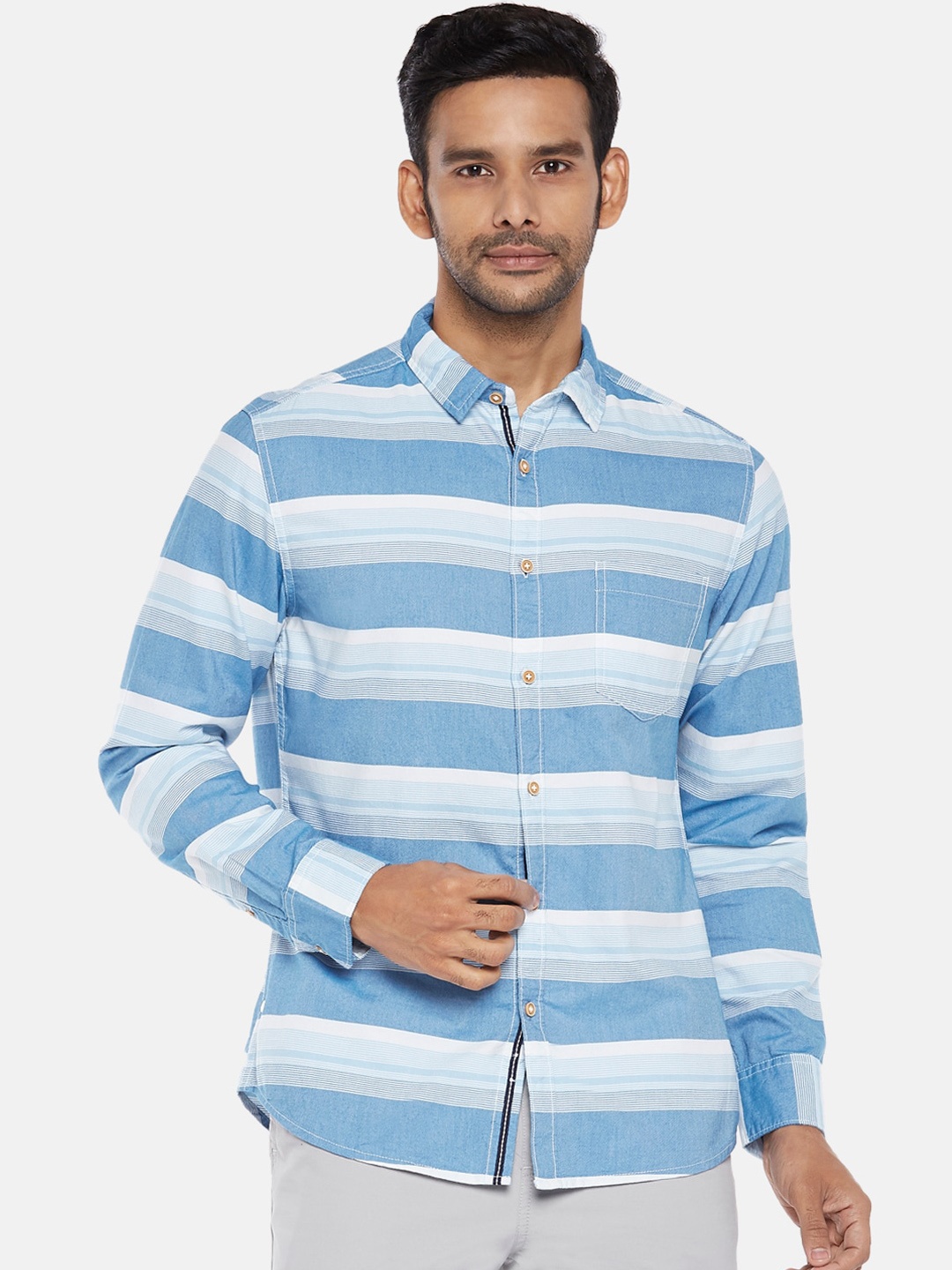 

Urban Ranger by pantaloons Men Blue Slim Fit Horizontal Stripes Striped Casual Shirt