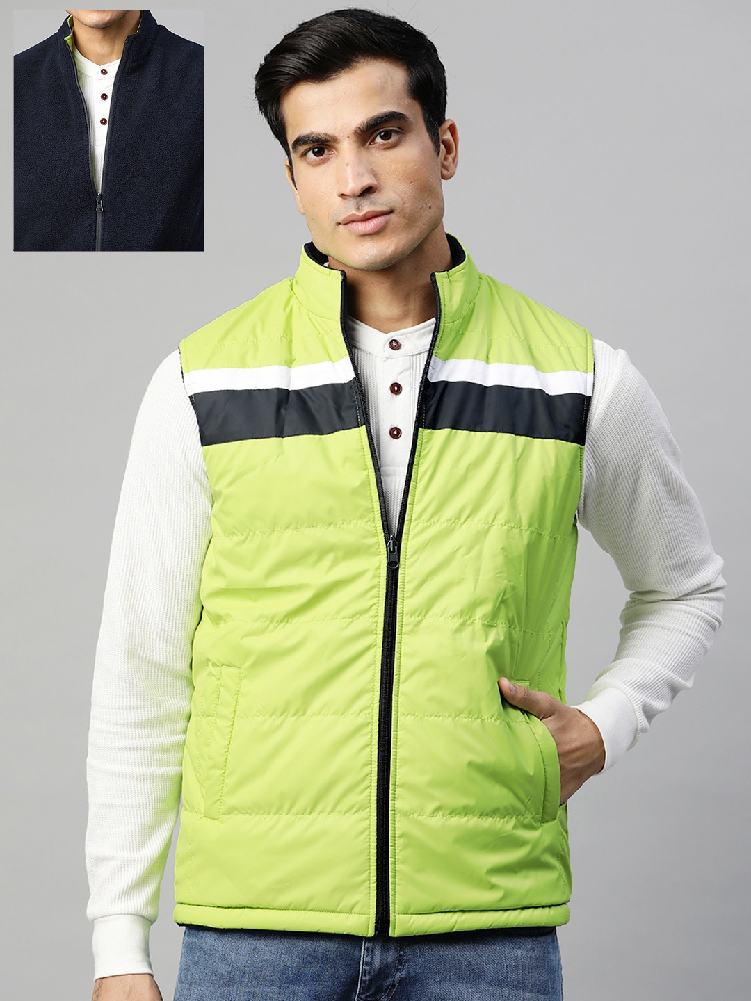 

Pierre Carlo Men Fluorescent Green & Navy Blue Reversible Sleeveless Padded Jacket