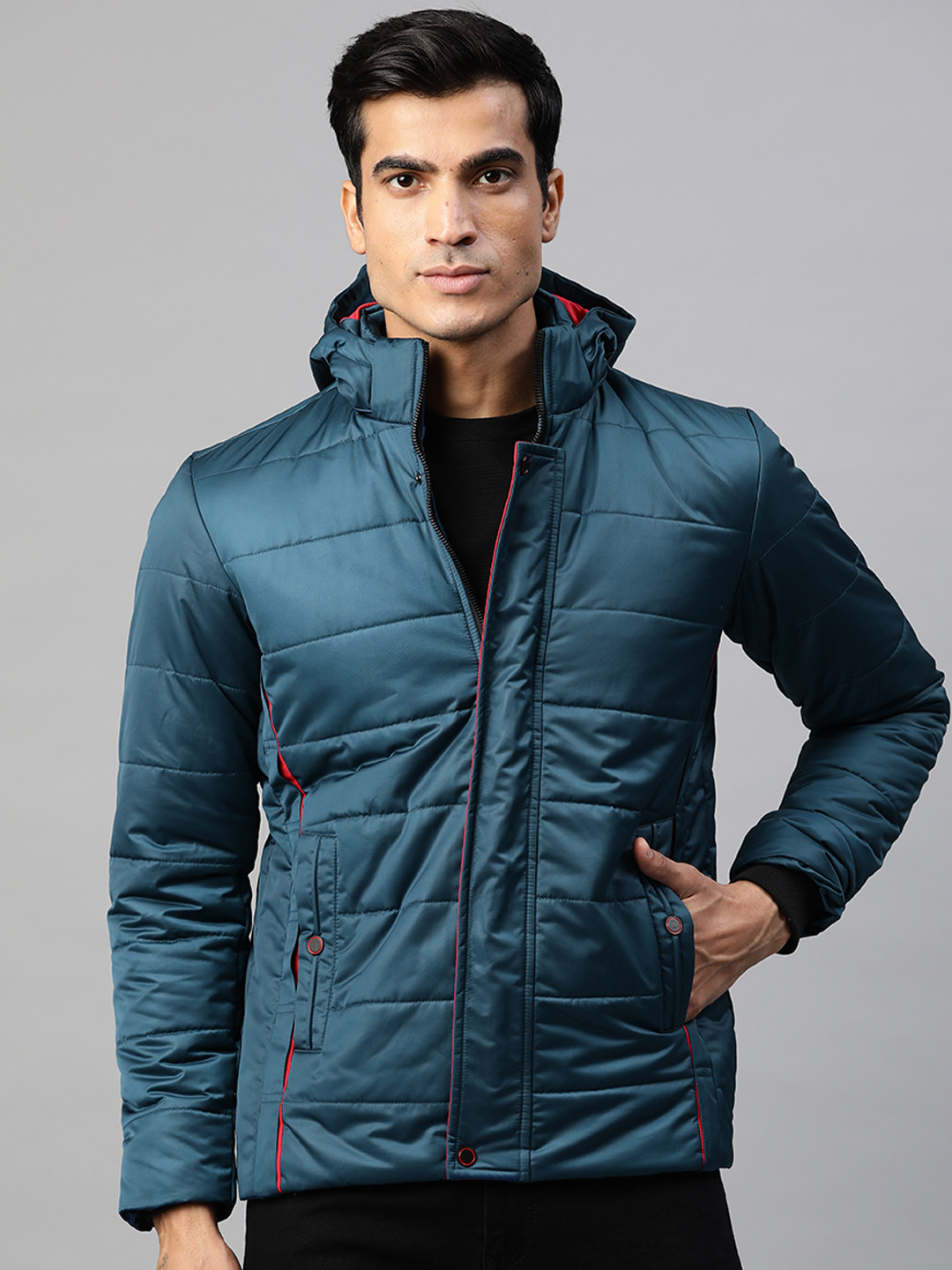 

Pierre Carlo Men Teal Blue Solid Hooded Padded Jacket
