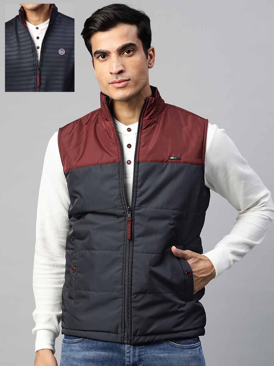 

Pierre Carlo Men Navy Blue & Maroon Colourblocked Reversible Sleeveless Padded Jacket