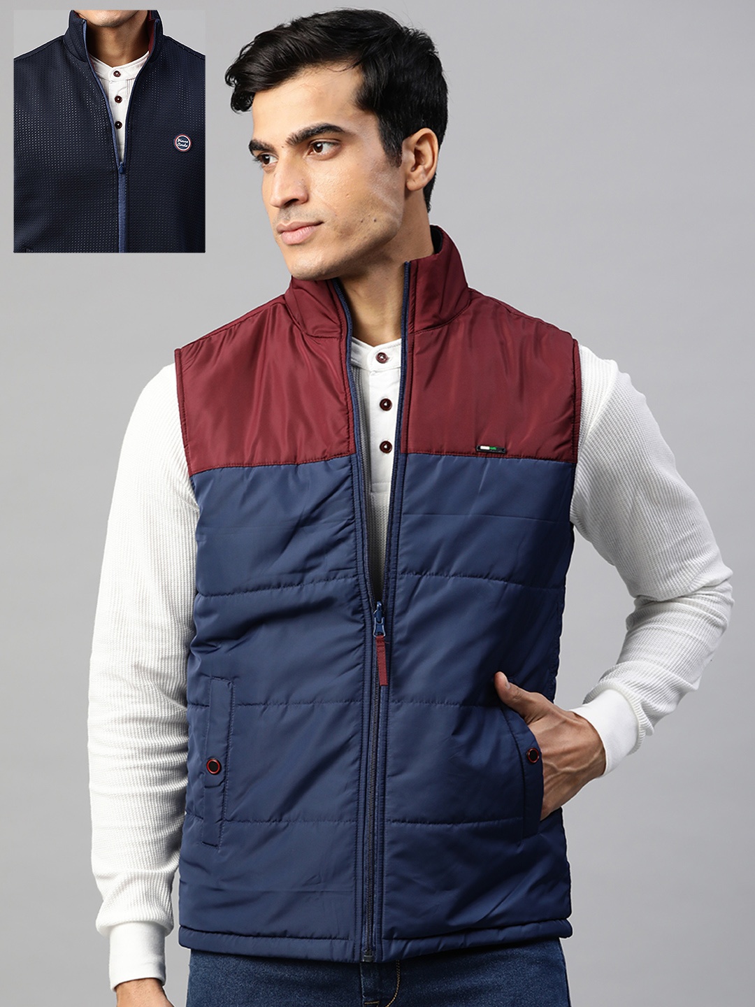 

Pierre Carlo Men Navy Blue & Maroon Colourblocked Reversible Quilted Jacket