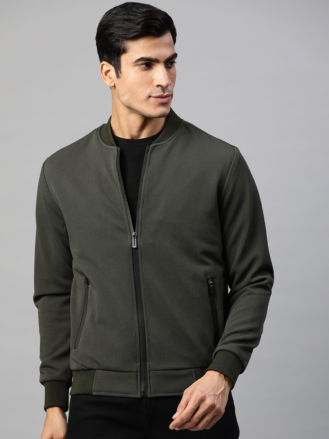 

Pierre Carlo Men Olive Green Self Design Bomber Jacket