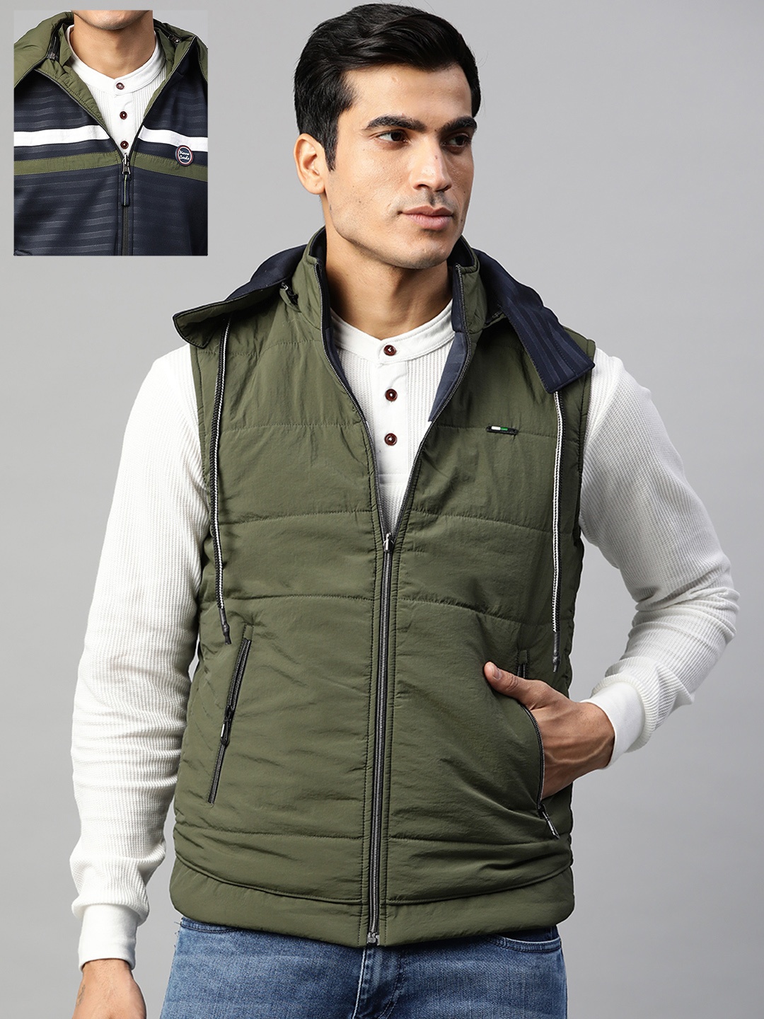 

Pierre Carlo Men Olive Green & Navy Blue Reversible Sleeveless Hooded Padded Jacket