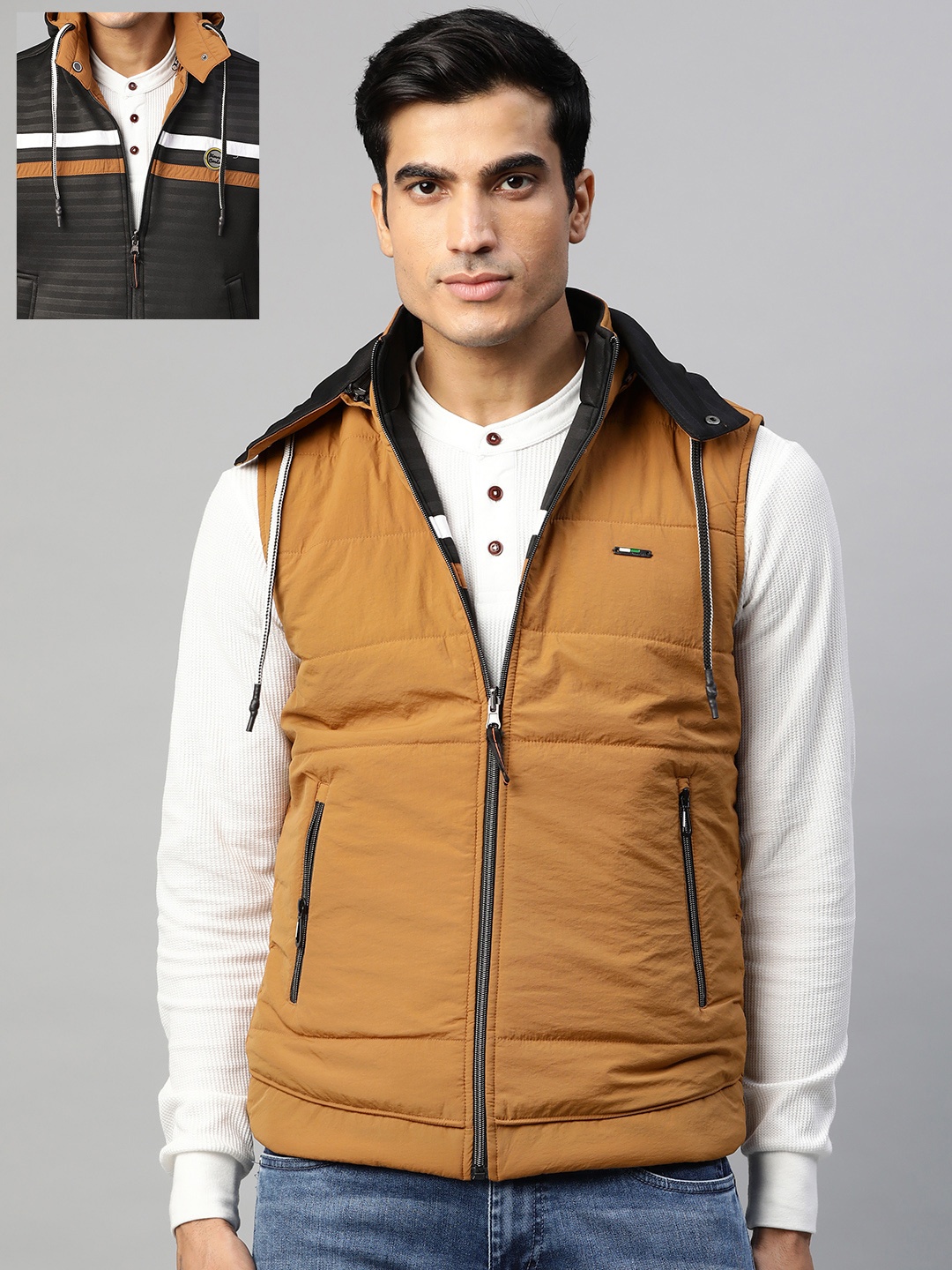 

Pierre Carlo Men Mustard Brown & Black Reversible Padded Jacket