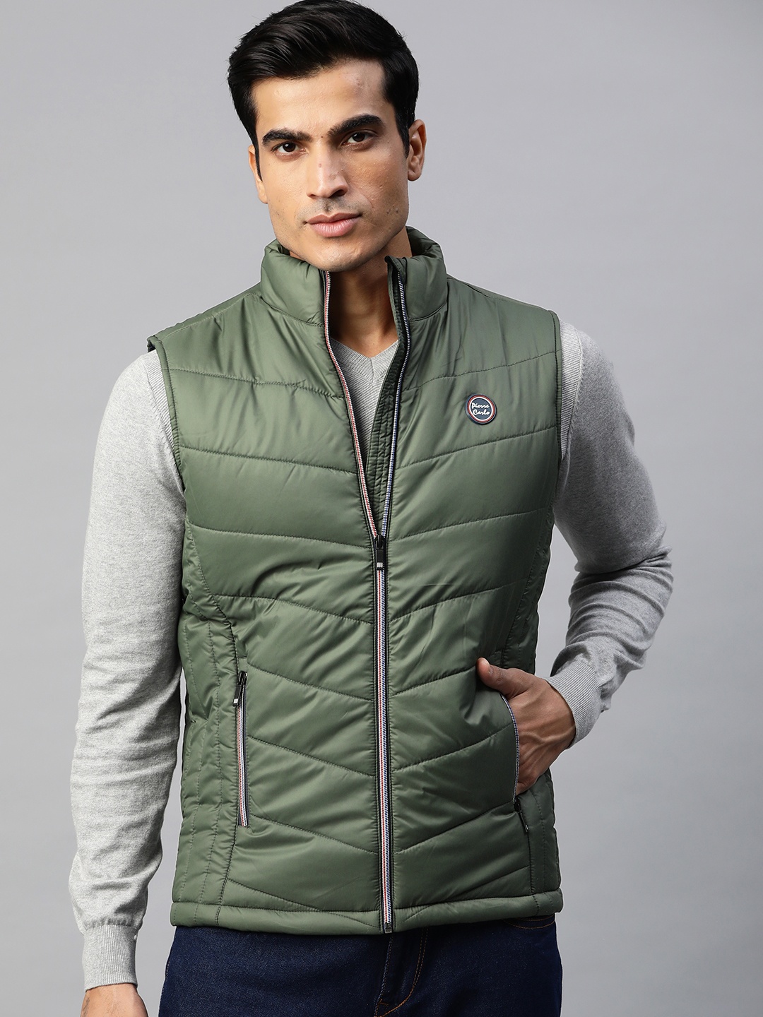 

Pierre Carlo Men Olive Green Solid Padded Jacket