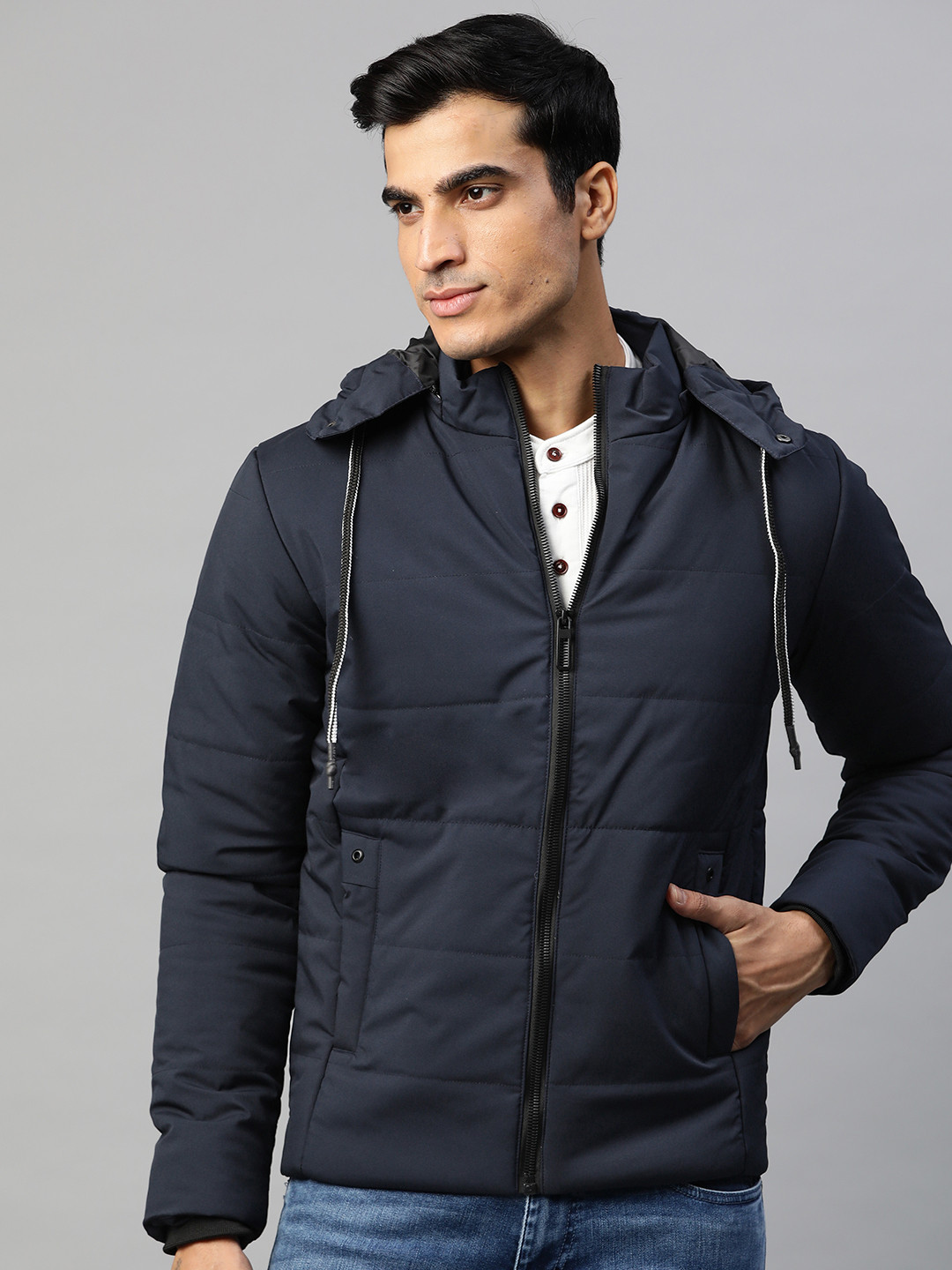 

Pierre Carlo Men Navy Blue Solid Padded Jacket with Detachable Hood