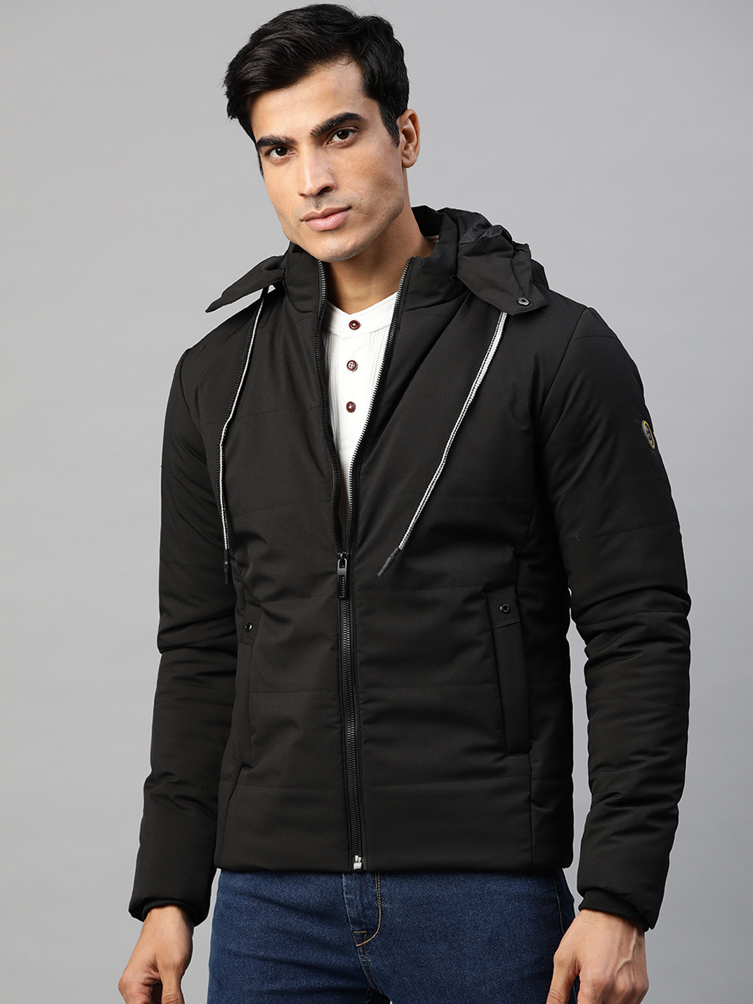 

Pierre Carlo Men Black Solid Detachable Hood Padded Jacket