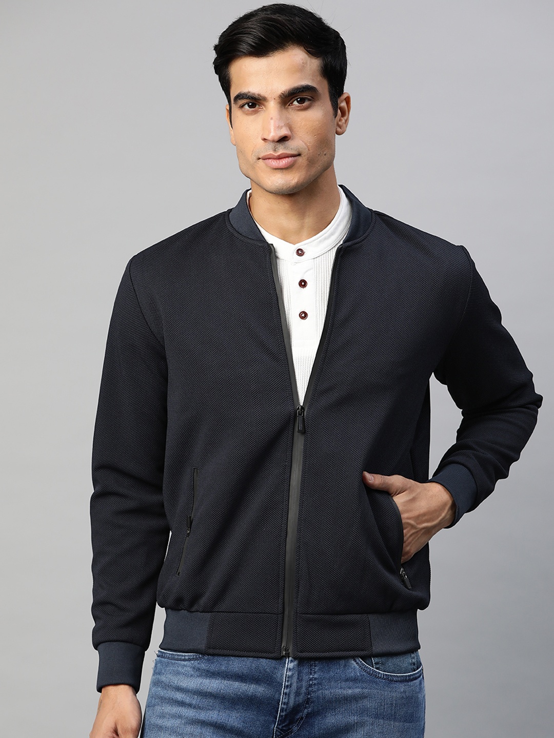 

Pierre Carlo Men Navy Blue Self Design Bomber Jacket