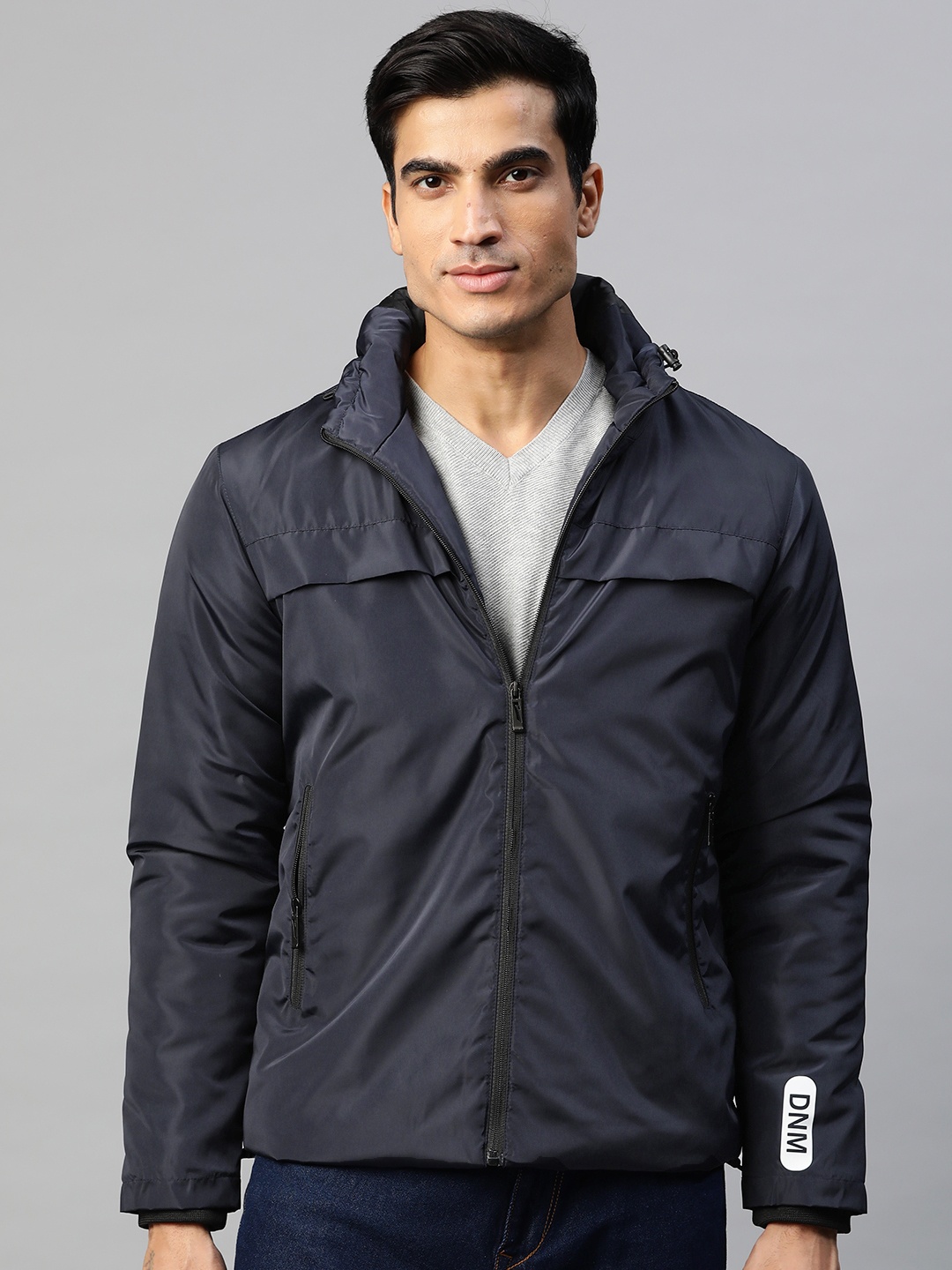 

Pierre Carlo Men Navy Blue Solid Tailored Hooded Jacket with Printed Detail on Back