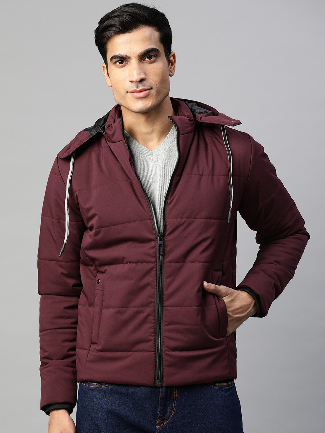 

Pierre Carlo Men Maroon Solid Hooded Padded Jacket