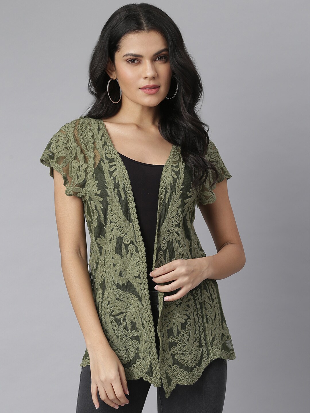 

KASSUALLY Women Olive Green Embroidered Sheer Shrug