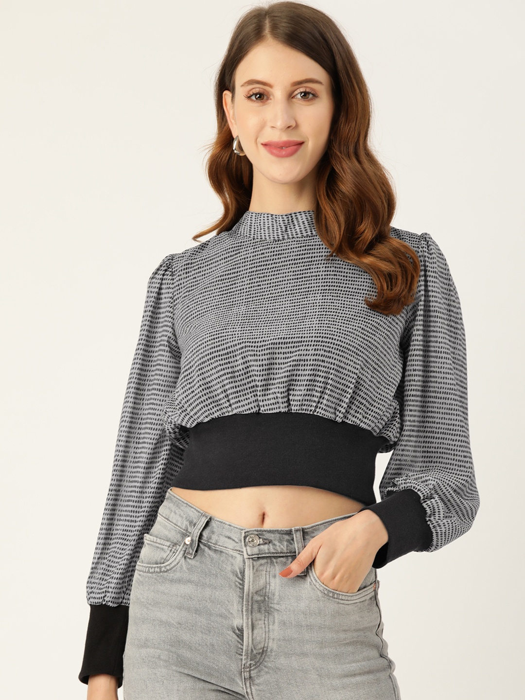 

Off Label Black & Grey Polka Dots Georgette Blouson Crop Top