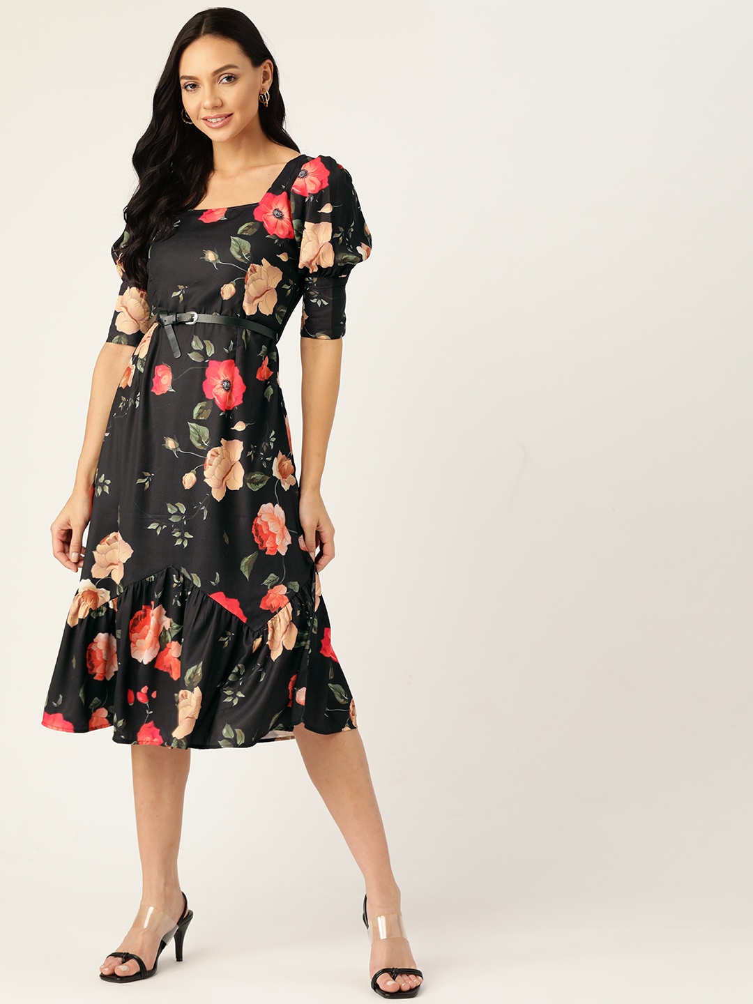 

Off Label Black & Red Floral Midi Dress