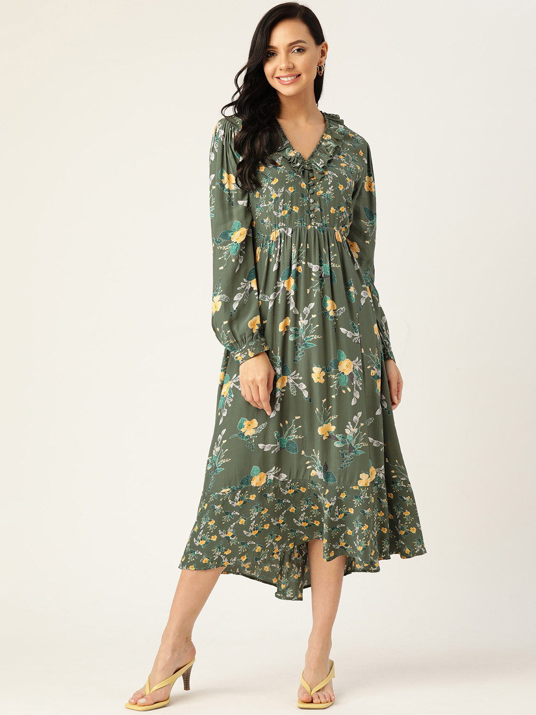 

Off Label Olive Green Floral Crepe Midi Dress