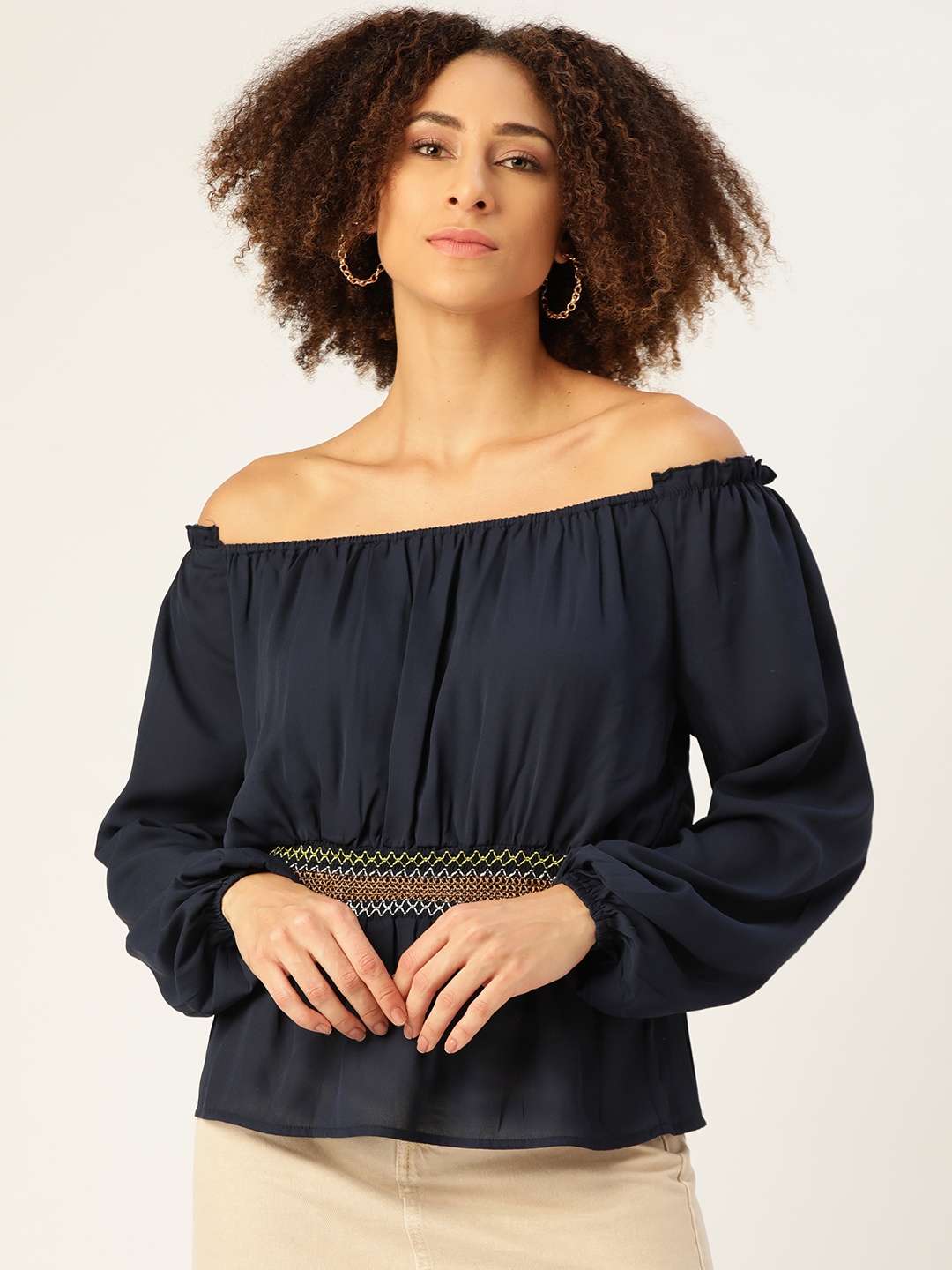 

Off Label Navy Blue Solid Off-Shoulder Smocked Bardot Top