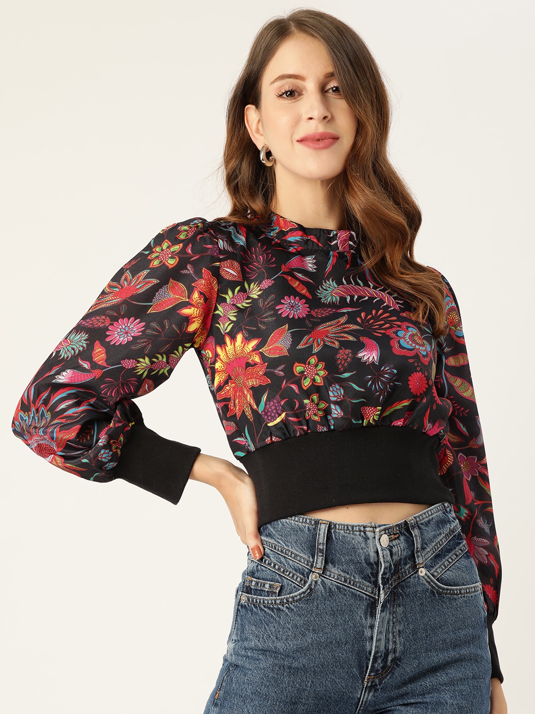 

Off Label Black Floral Blouson Crop Top