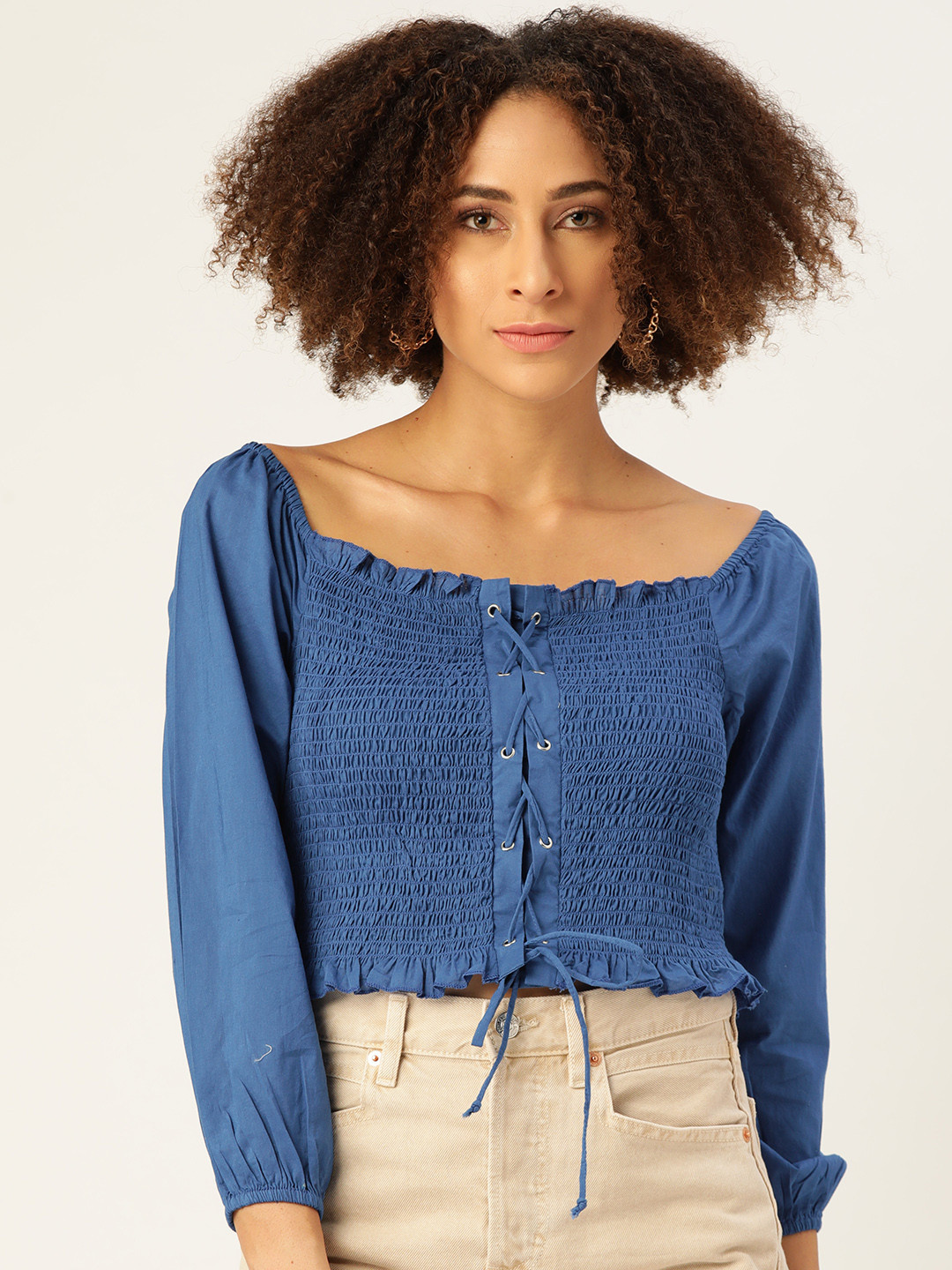 

Off Label Women Blue Smocked Pure Cotton Fitted Top