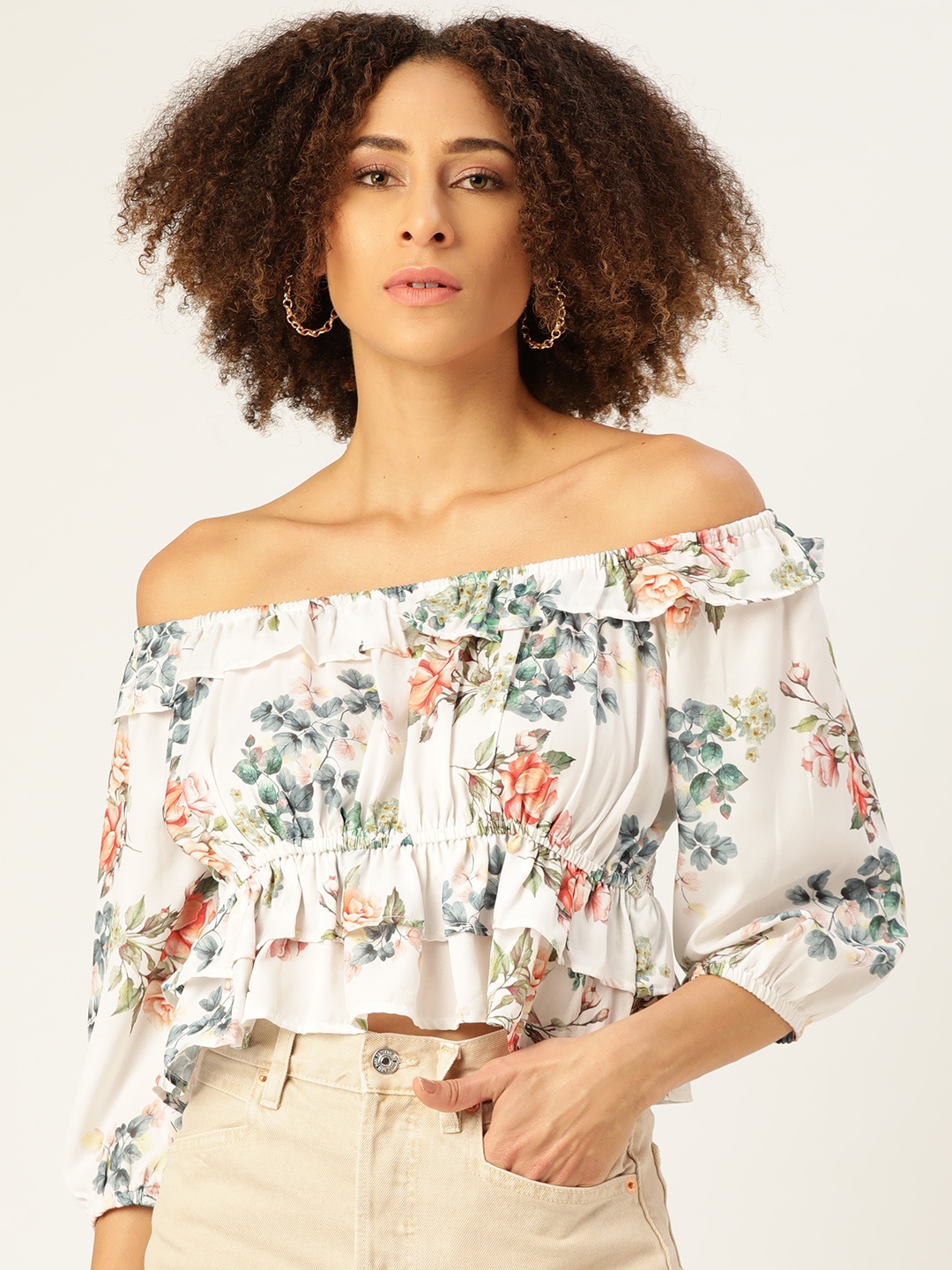 

Off Label Women White & Blue Floral Off-Shoulder Bardot Top