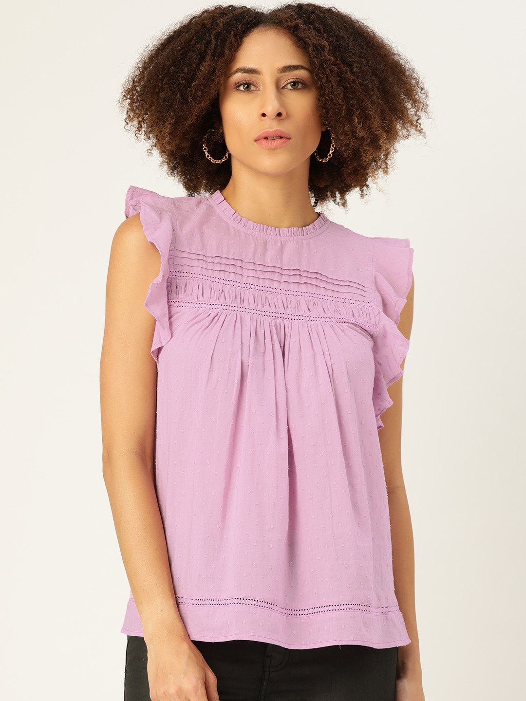 

Off Label Purple Self Design Dobby Ruffles A-Line Top