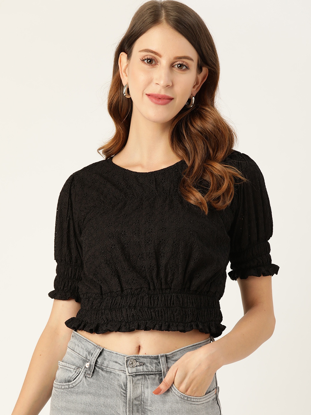 

Off Label Black Floral Embroidered Blouson Crop Top