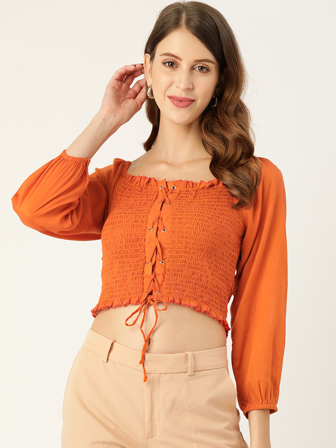 

Off Label Rust Bishop Sleeves Smocked Regular Crop Top