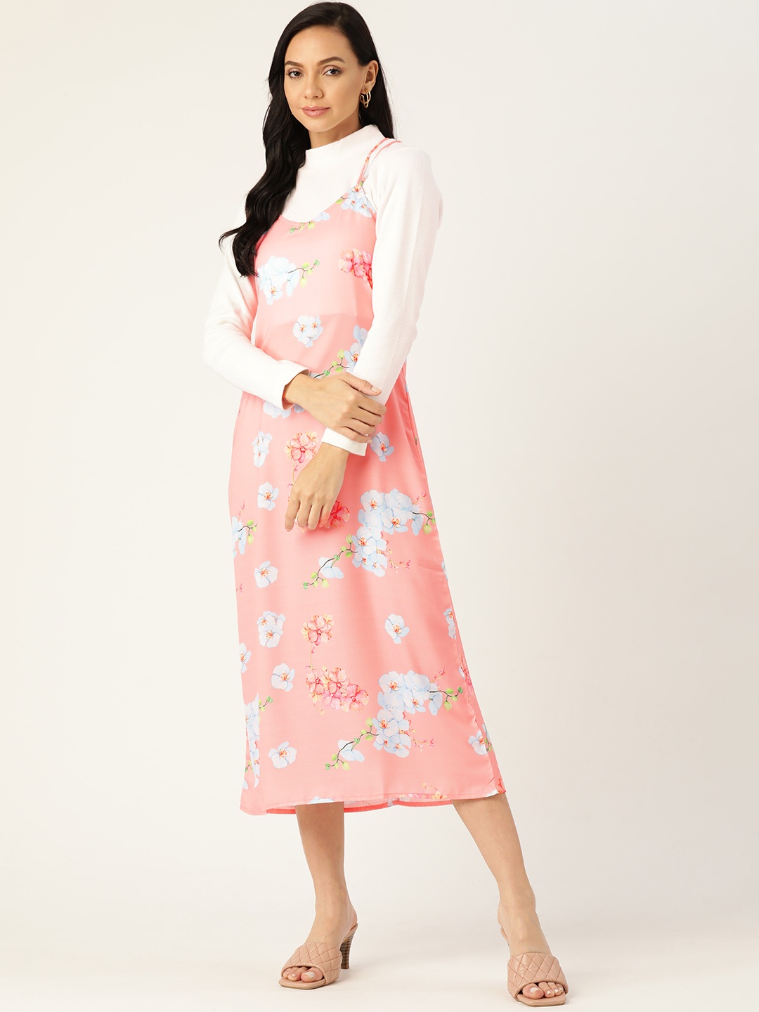 

Off Label Pink & White Floral Casual A-Line Dress with White T-Shirt