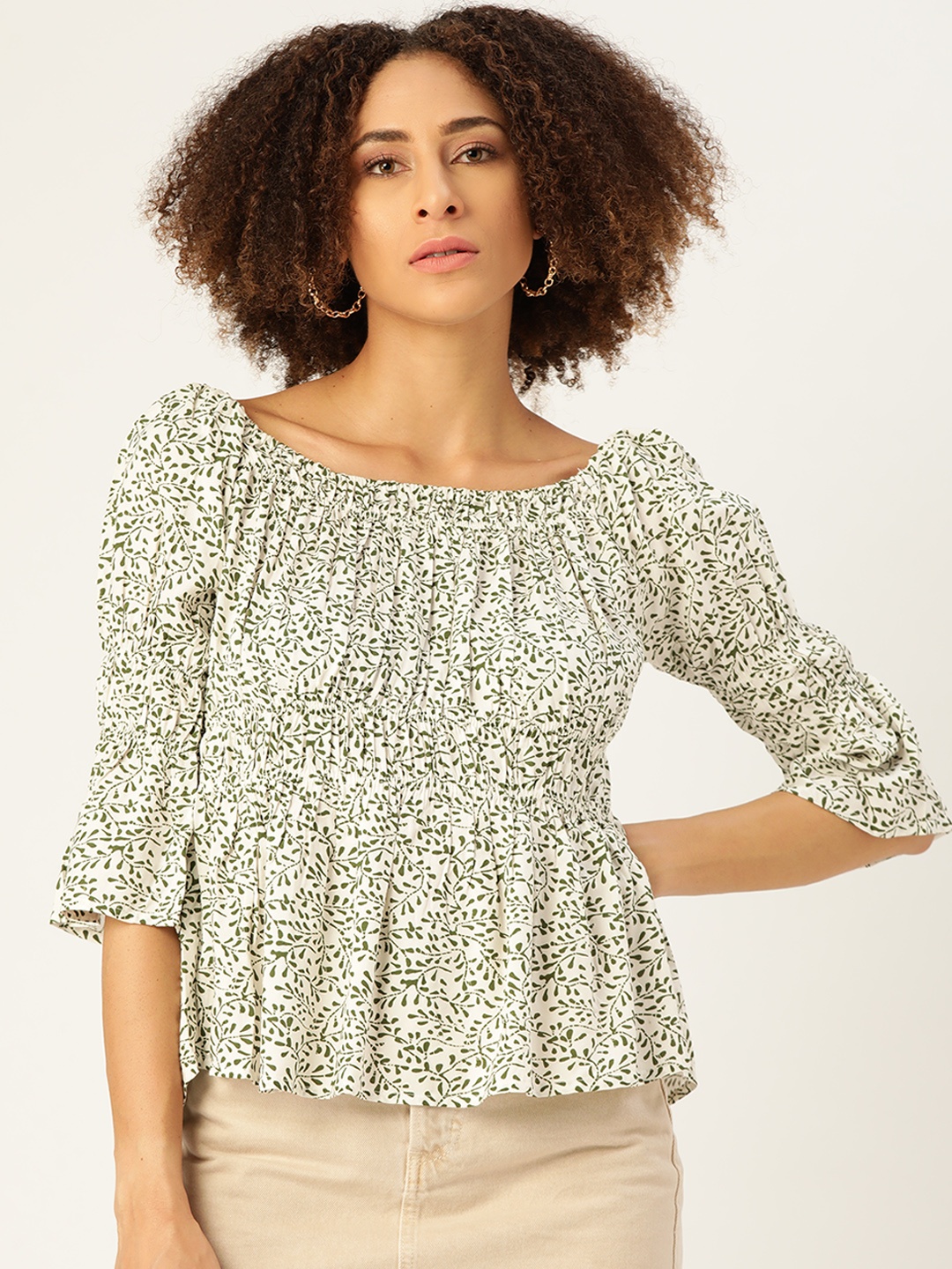 

Off Label White & Olive Green Printed Smocked A-Line Top