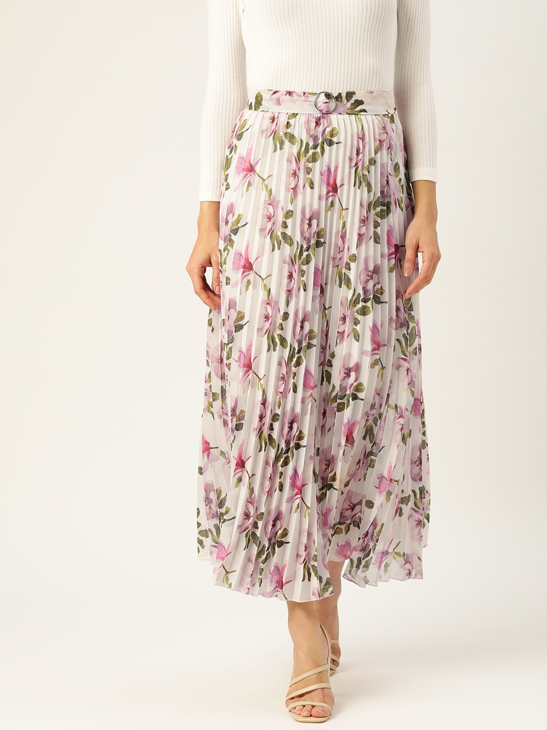 

Off Label Women White & Pink Printed A-Line Accordion Pleated Skirt