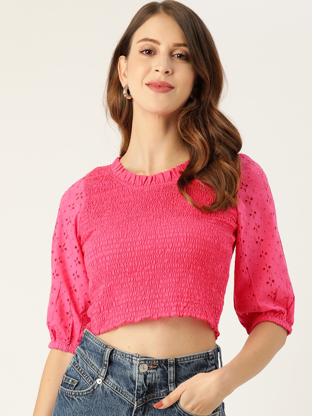 

Off Label Pink Blouson Smocked Schiffli Crop Top
