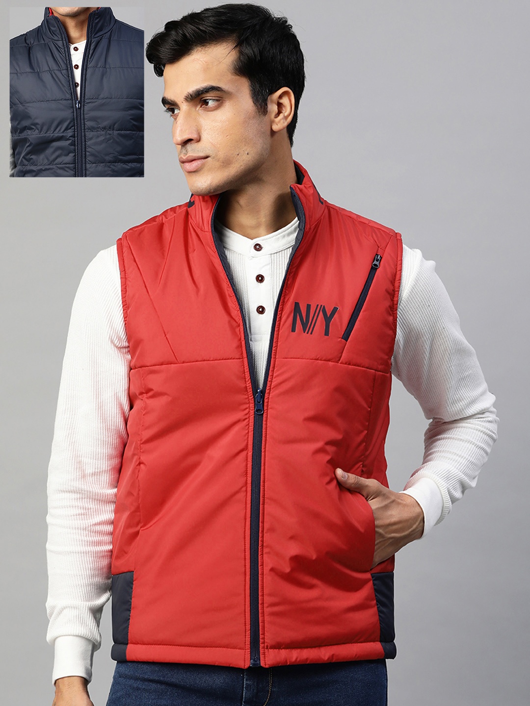 

Pierre Carlo Men Red & Navy Blue Reversible Padded Jacket