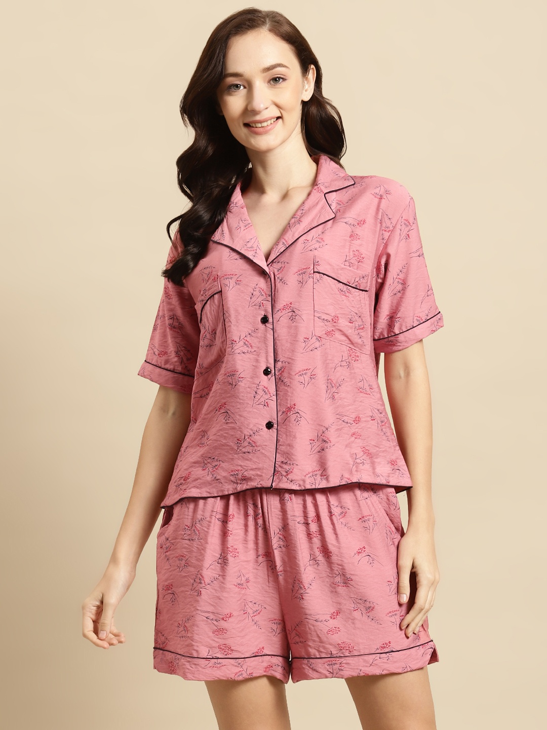 

WoowZerz Women Pink & Red Floral Printed Night suit