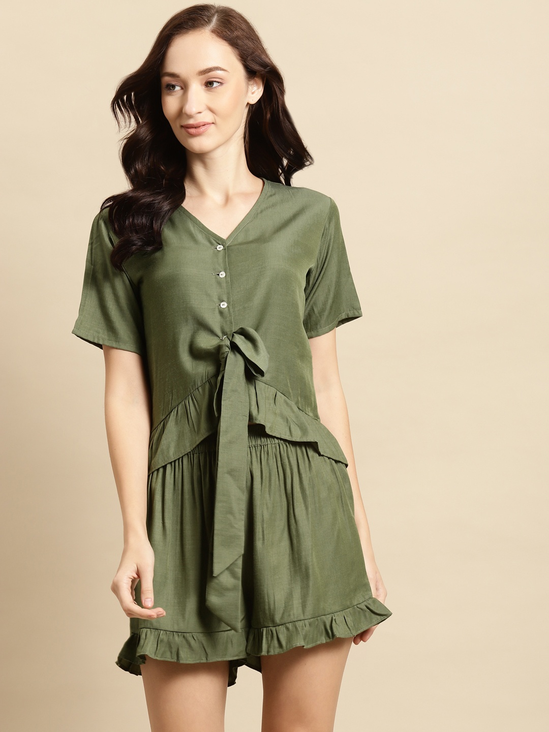 

WoowZerz Women Olive Green Tie-Up Ruffled Night suit