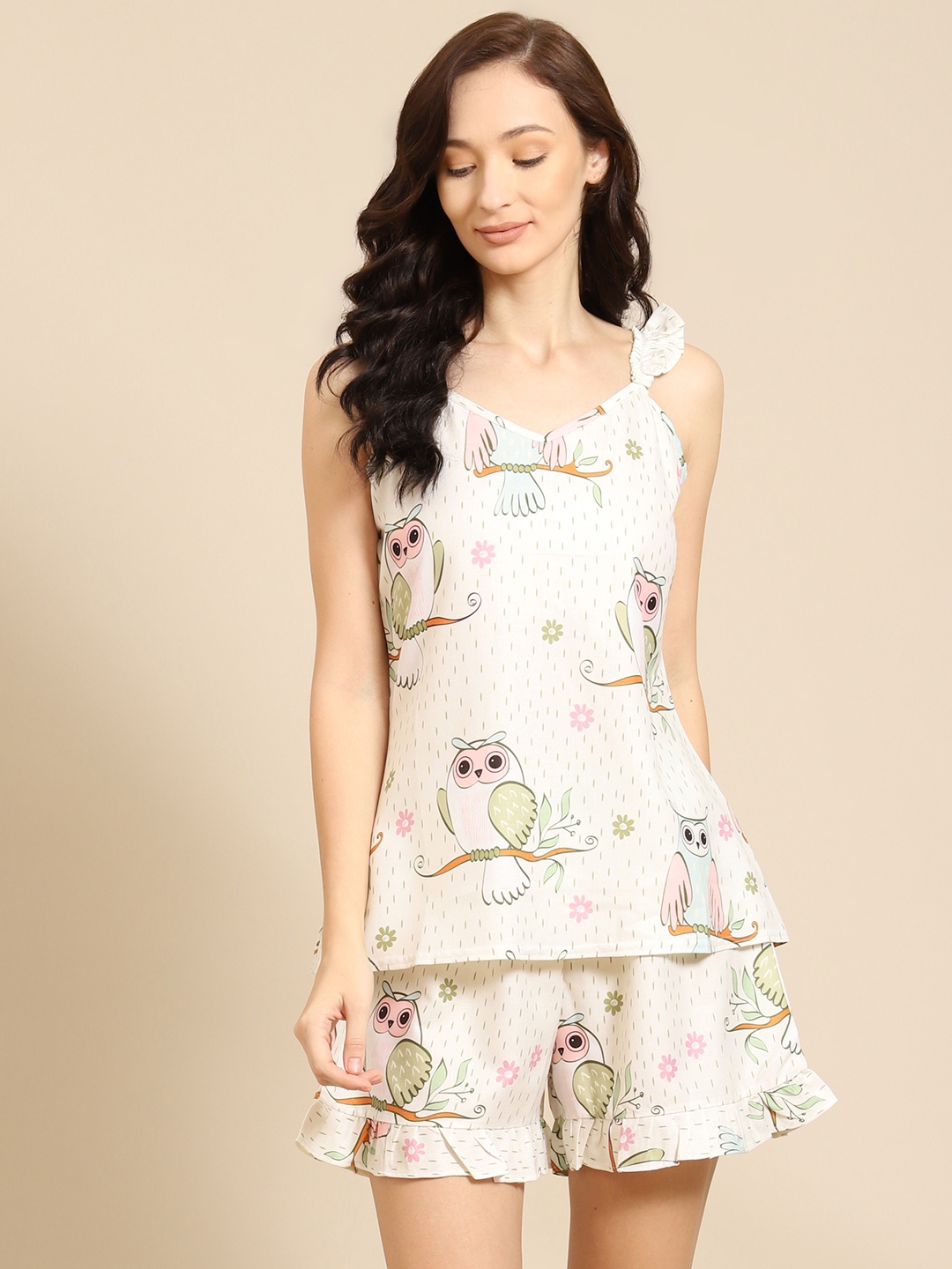 

WoowZerz Women Beige & Brown Printed Night suit