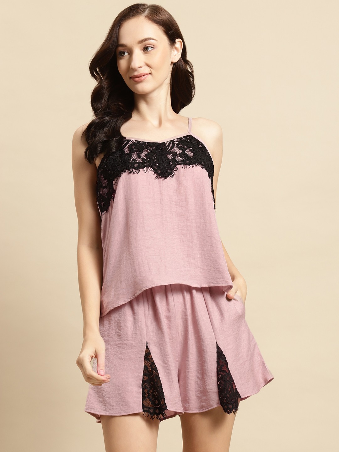 

WoowZerz Women Pink & Black Solid Night suit with Lace Inserts