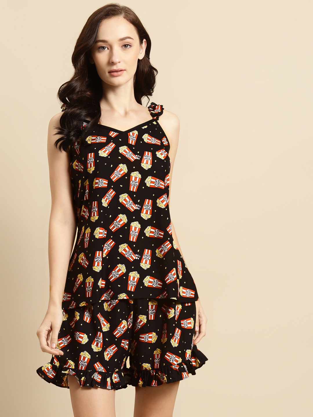 

WoowZerz Women Black & Red Popcorn Print Night suit