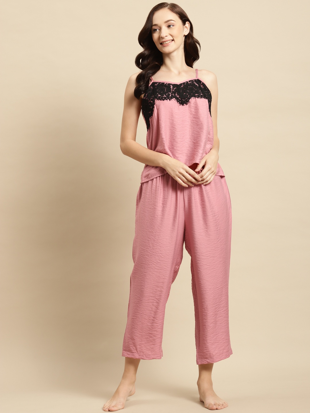

WoowZerz Women Pink Lace Insert Night suit