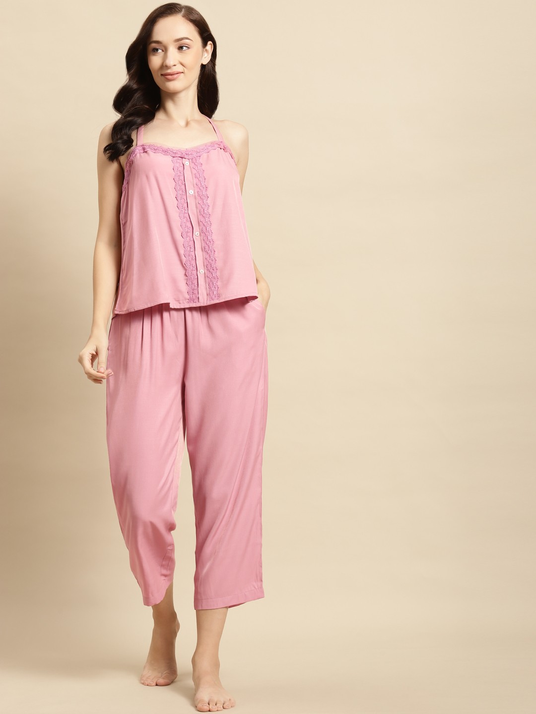 

WoowZerz Women Pink Lace Inserts Night suit