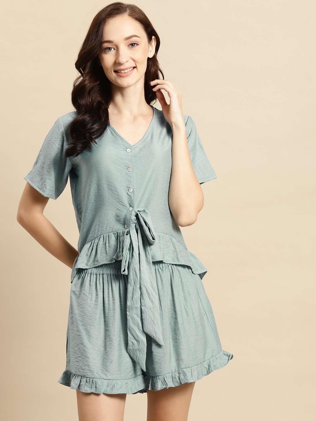 

WoowZerz Women Blue Tie-Up Ruffled Night suit