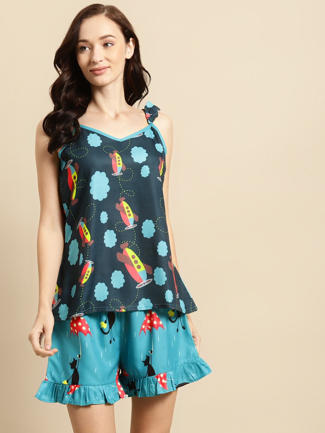 

WoowZerz Women Teal Blue & Red Aeroplane Printed Night suit