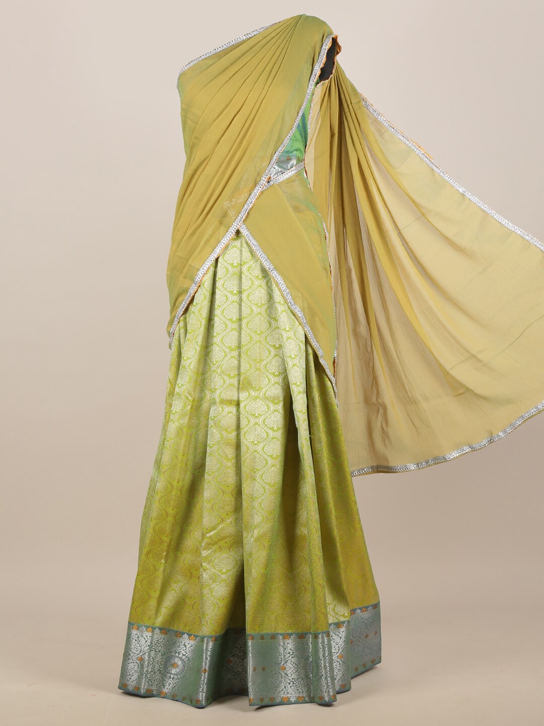 

Pothys Green & Silver-Coloured Ethnic Motifs Zari Woven Design Half Saree