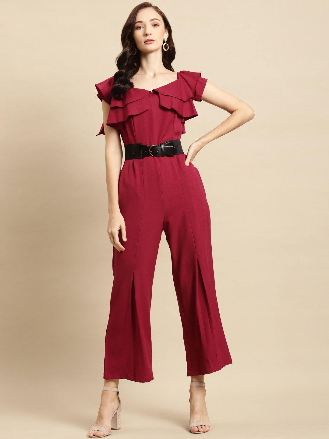 

WoowZerz Maroon Basic Jumpsuit with Ruffles