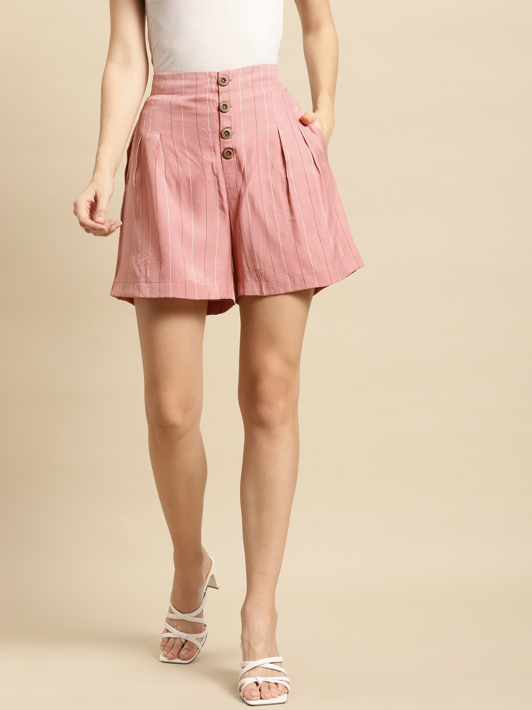 

WoowZerz Women Pink & White Striped Pleated Slim Fit High-Rise Shorts