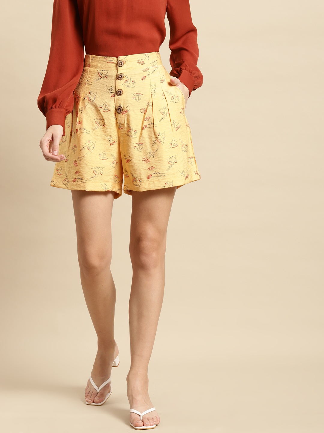 

WoowZerz Women Yellow & Red Floral Print Slim Fit High-Rise Regular Shorts